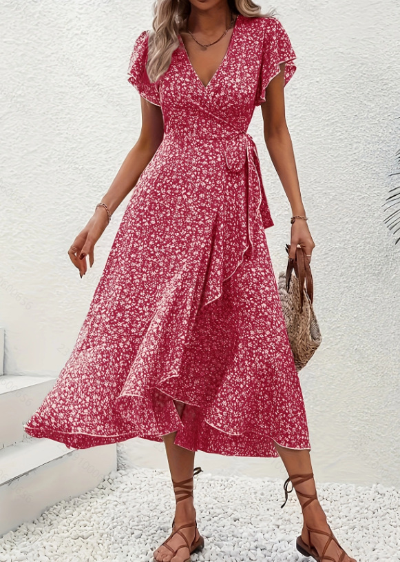 Independent Amazon cross-border e-commerce platform, floral print V-neck cardigan with tie-up short sleeves, bohemian style, full skirt, vacation dress - Image 19