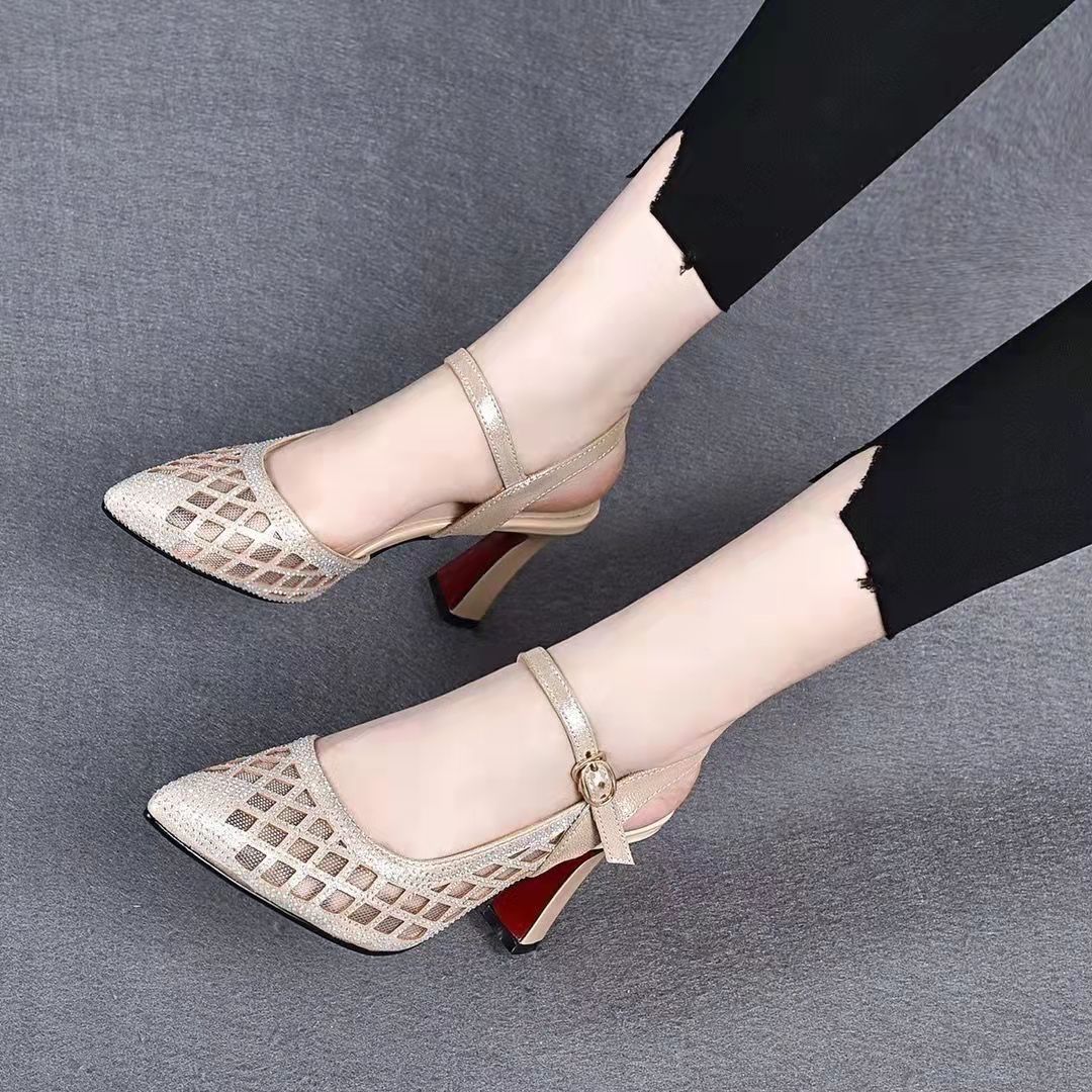 Sandals women's 2023 spring and summer new pointed toe back empty stiletto sandals sheepskin rhinestone mesh hollow breathable women's shoes - Image 3