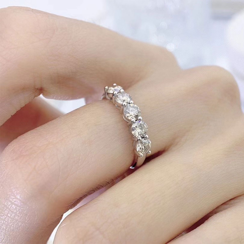 S925 Sterling Silver Five-Diamond Moissanite Pair Ring Classic Four-Prong Full Diamond Ring 18K Gold/White Gold Women's Ring Wholesale - Image 5