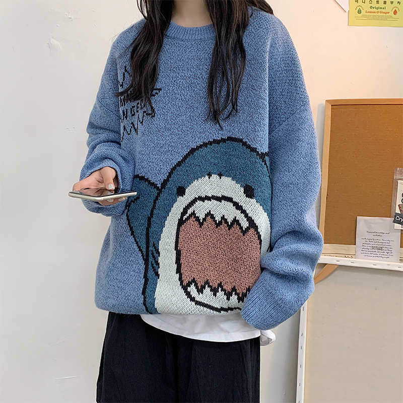 Autumn and winter shark cartoon round neck sweater men's casual loose Korean style trendy warm student thickened sweater - Image 2