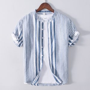 L540 Summer men's five-point sleeve striped shirt casual linen breathable color matching short-sleeved shirt men's one piece