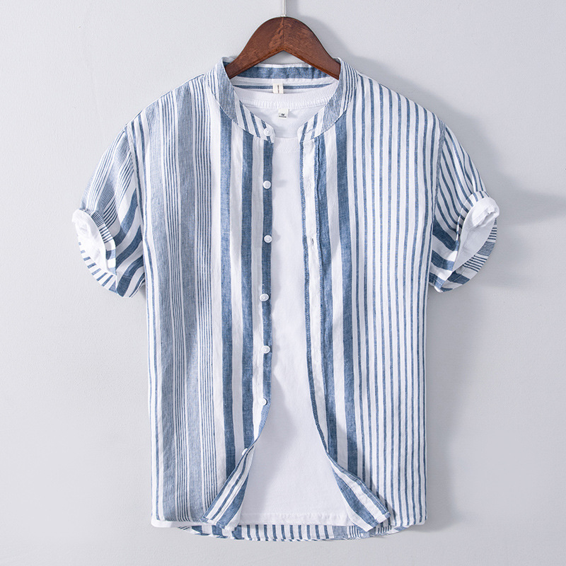 L540 Summer men's five-point sleeve striped shirt casual linen breathable color matching short-sleeved shirt men's one piece