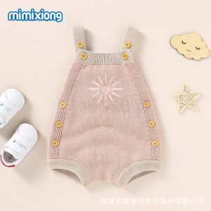 ins hot sale autumn new baby sunflower embroidered suspender knitted jumpsuit triangle khaki