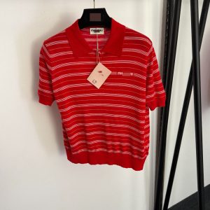 Nanyou High-End Foreign Trade Style Slim Fit Dopamine Style Letter Polo Collar Striped Short-Sleeve Wool Knit Top