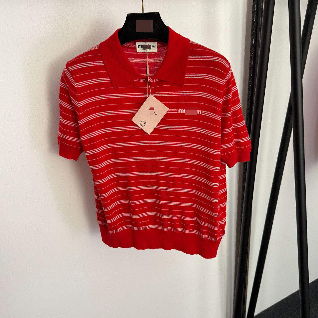 Nanyou High-End Foreign Trade Style Slim Fit Dopamine Style Letter Polo Collar Striped Short-Sleeve Wool Knit Top