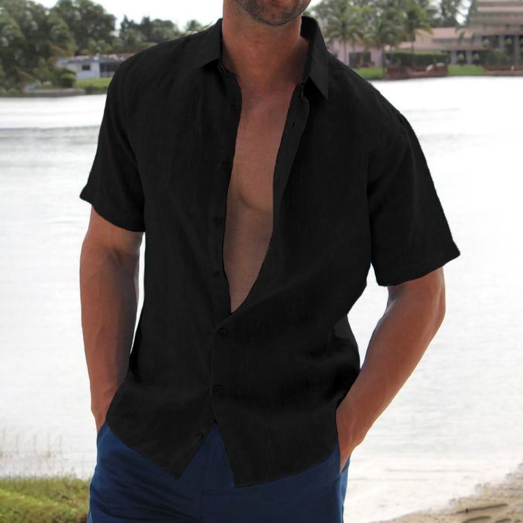 2022 Amazon ebay AliExpress Summer lapel solid color short-sleeved men's linen shirt men's clothing - Image 4