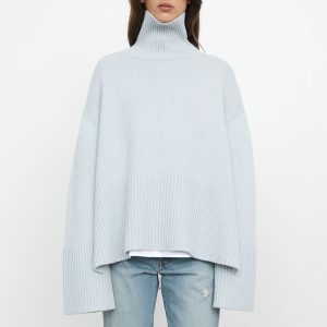 2021 cross-border autumn and winter new AliExpress Amazon popular women's high-neck knitted striped slit sweater top