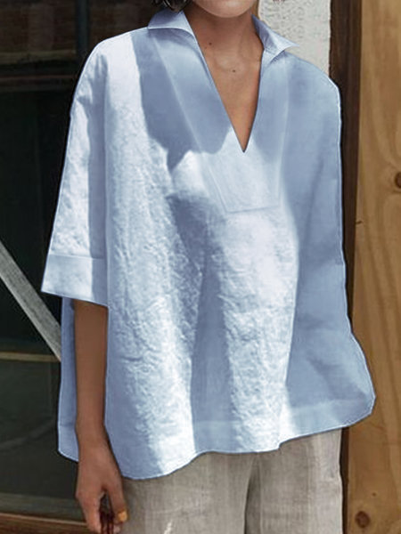 2026 Spring/Summer Amazon European and American Cross-Border V-Neck Cotton Linen Versatile Solid Color Plus Size Loose Mid-Sleeve Women's Shirt - Image 6