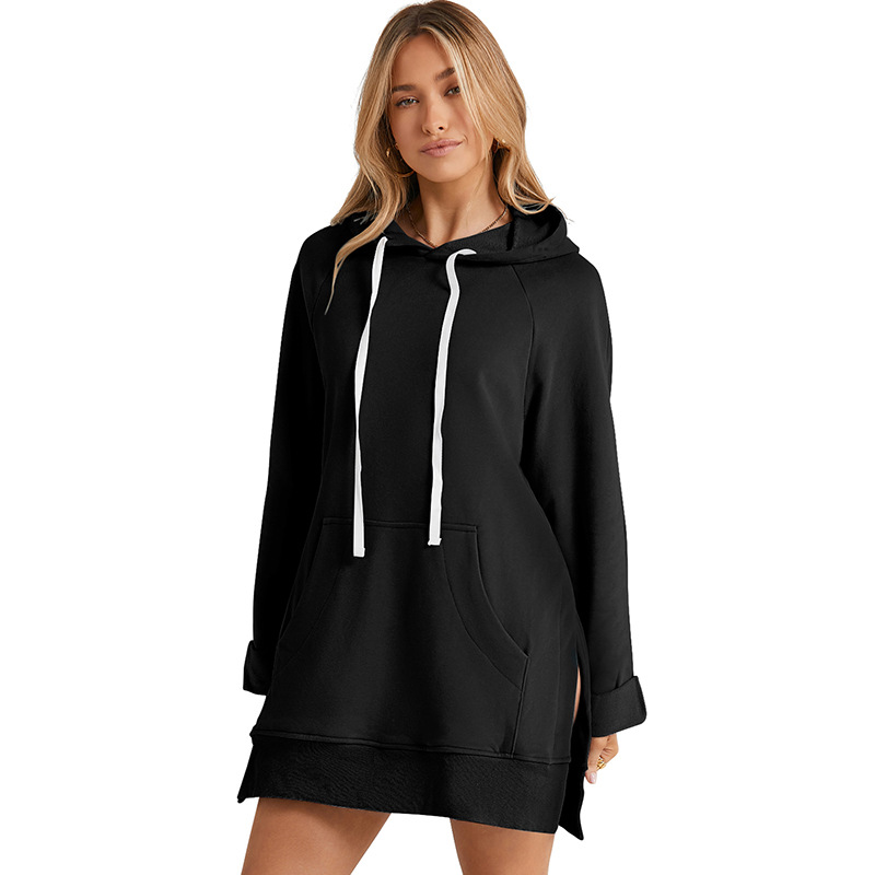 European and American fashion women's autumn and winter new solid color drawstring hooded sweatshirt women's mid-length loose slit top for women - Image 8