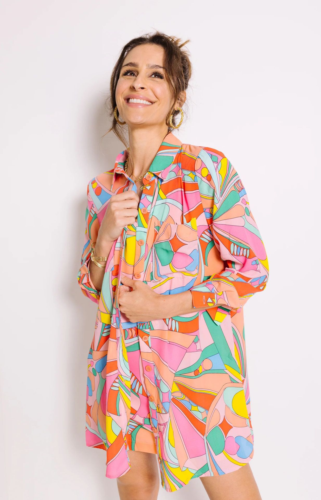 European and American cross-border women's clothing 2023 new shirt mid-length novel bright abstract printing blouse - Image 3