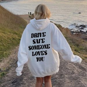 Foreign trade women's fleece sweater plain color letter print kangaroo pocket drawstring print hoodie
