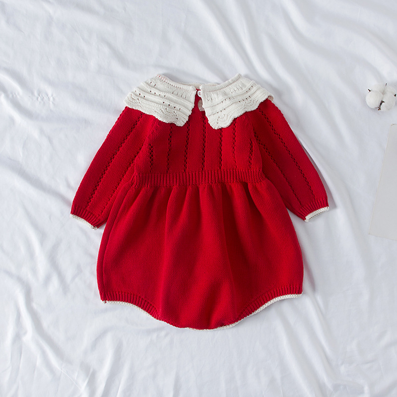 2022 Korean Spring New Infant Knitted Jumpsuit Female Baby Baby Doll Collar Long Sleeve Cotton Harness Romper - Image 3