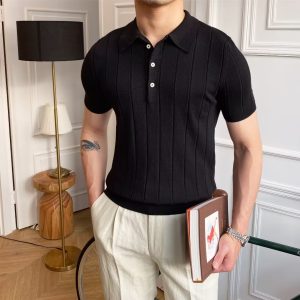 Fashion all-match POLO shirt men's five-quarter sleeves new ins trend summer solid color tide brand striped pit strip T-shirt men's clothing