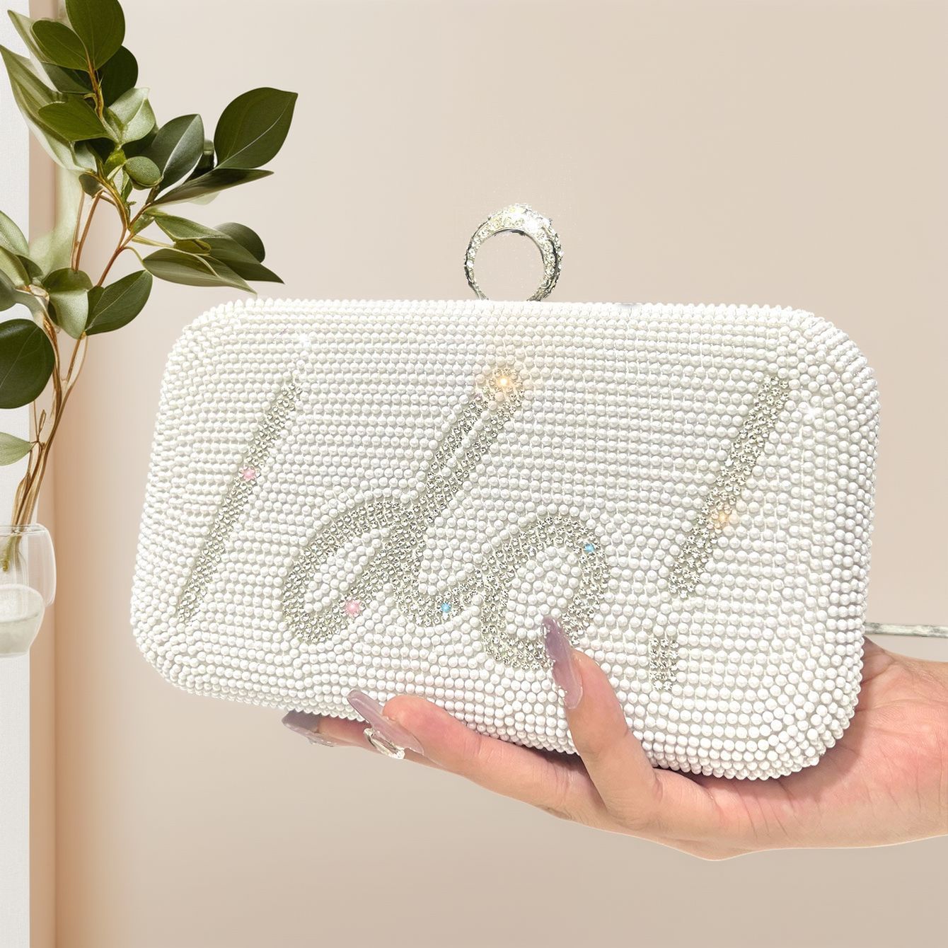 Cross-border white pearl clutch bag chain crossbody rhinestone box bag fashionable all-match crossbody evening bag mobile phone bag - Image 2