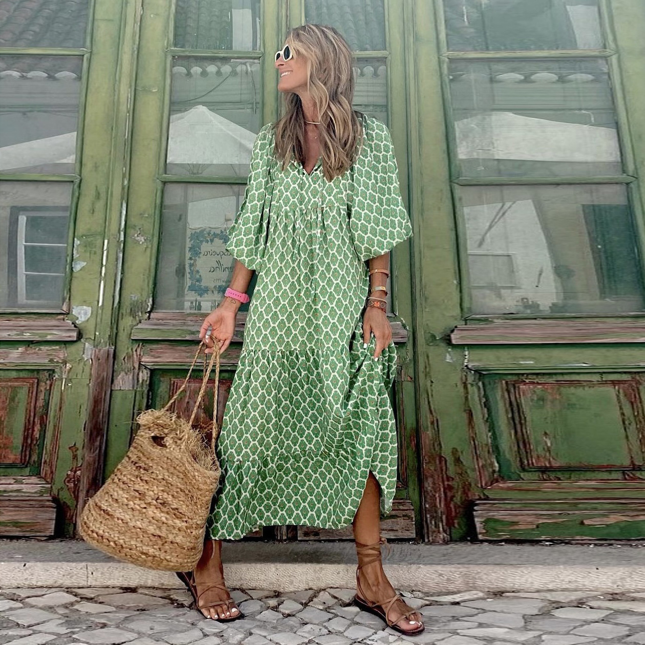 2023 Autumn New Arrival - Hot Selling Geometric Print Puff Sleeve Dress - Street Style Must-Have Plus Size Women's Clothing - Image 18
