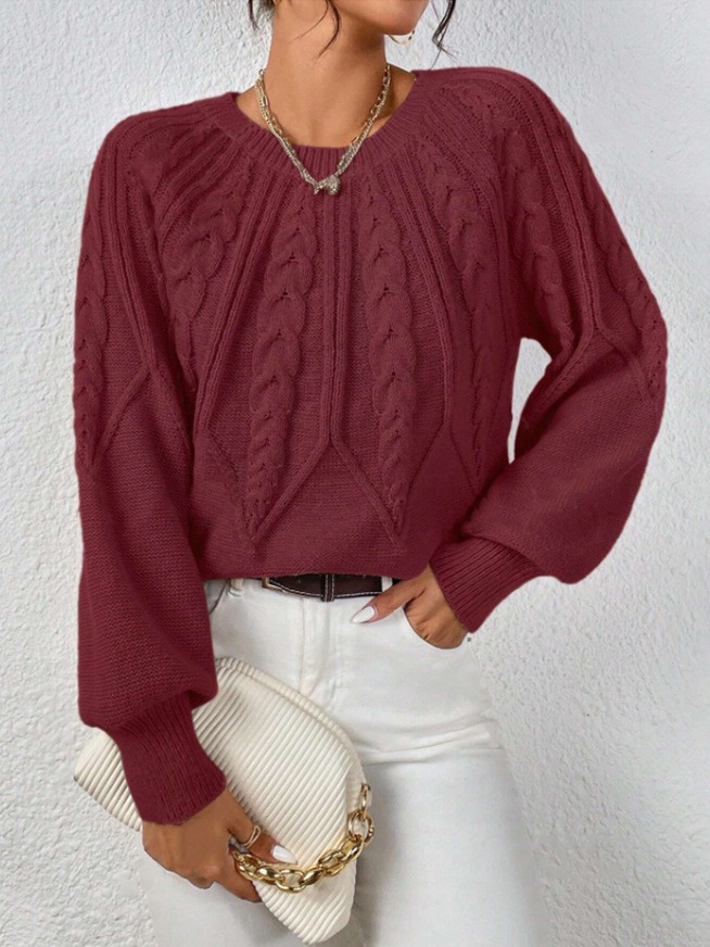 Amazon pullover crew neck knit sweater, cross-border foreign trade, long-sleeved cable knit solid color autumn and winter versatile knit top for women - Image 6