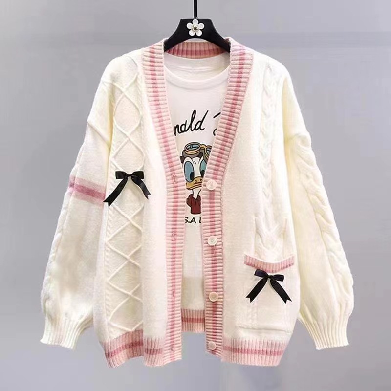 Bowknot sweater jacket for women autumn and winter loose 2024 new lazy style design age-reducing Japanese knitted cardigan - Image 8