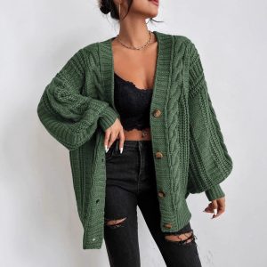 Amazon European and American style cable knit V-neck solid color cardigan autumn and winter lazy style lantern sleeve loose single-breasted sweater coat for women