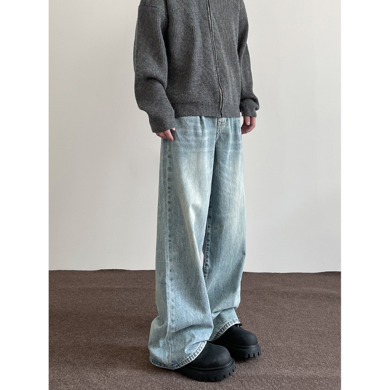 American high street cleanfit washed blue wide-leg jeans for men and women ins trend loose straight vibe pants