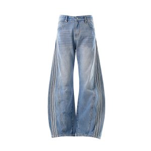 NB187 American Retro Style Men's Jeans with High-End Washed Blue Striped Design and a Loose Fit with Curved Edges