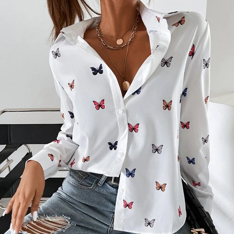 Women's Fashion Printed Long-Sleeved Shirt with Butterfly Print Collar, Available on AliExpress for European and American Exports - Image 6