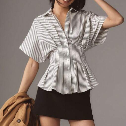 AliExpress New European and American Style Waist-cinching Shirt, Casual and Versatile Striped Pleated Waist-cinching Slimming Top - Image 3
