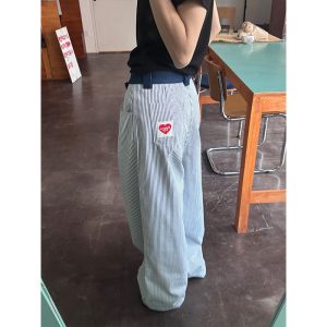 URKR Original Heart Embroidery American Retro Vertical Striped Pants Women's Design Unique Casual Straight Leg Pants with Drape