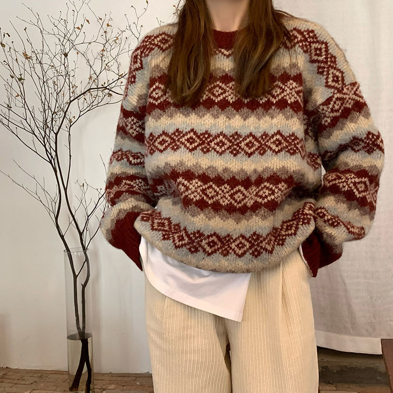 Autumn new soft waxy color matching diamond pullover sweater women's outerwear high-quality loose lazy style knitted top women - Image 5