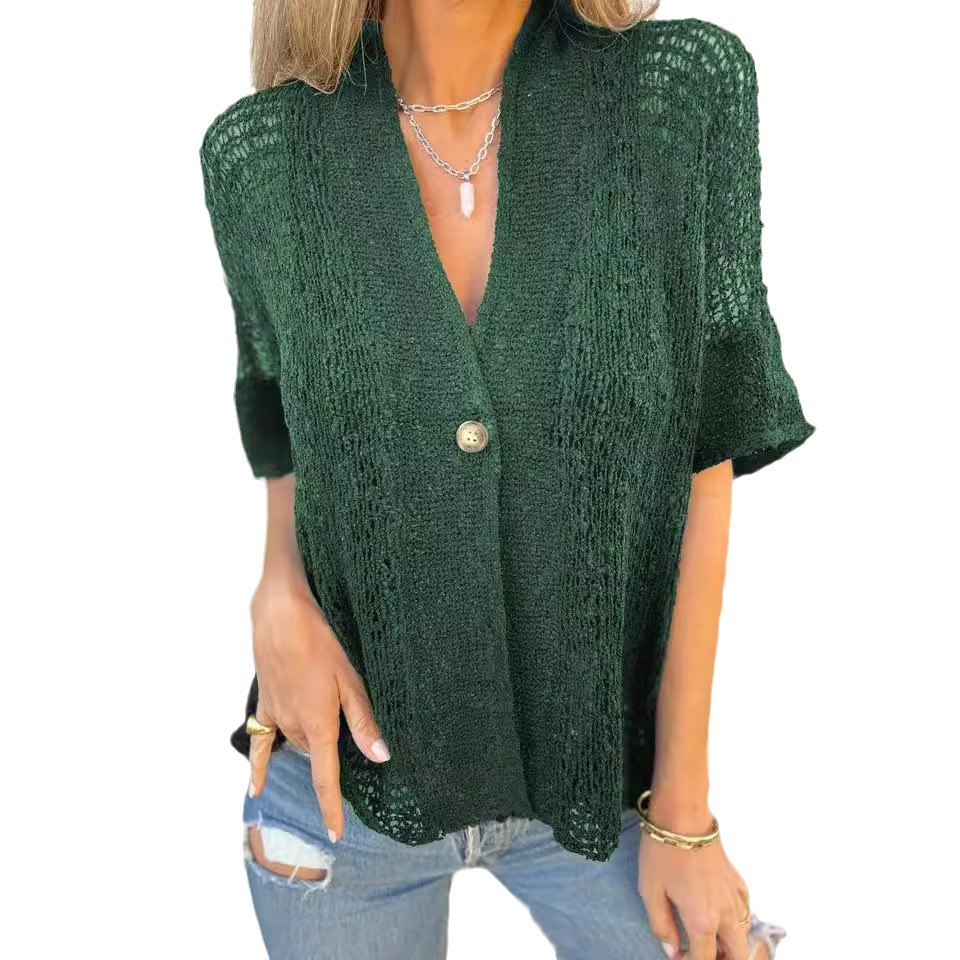 2026 New European and American Style Women's Spring and Autumn Single-Button Mid-Sleeve Hollow-Out Knit Cardigan Top for Foreign Trade Independent Websites - Image 5