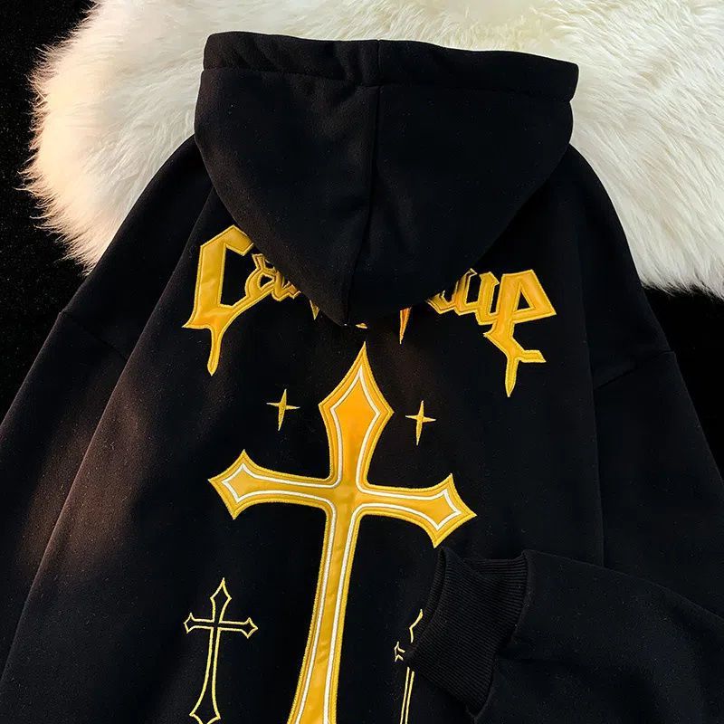 54199 American high street hiphop trendy brand cross print hooded sweatshirt for men and women loose autumn and winter - Image 3