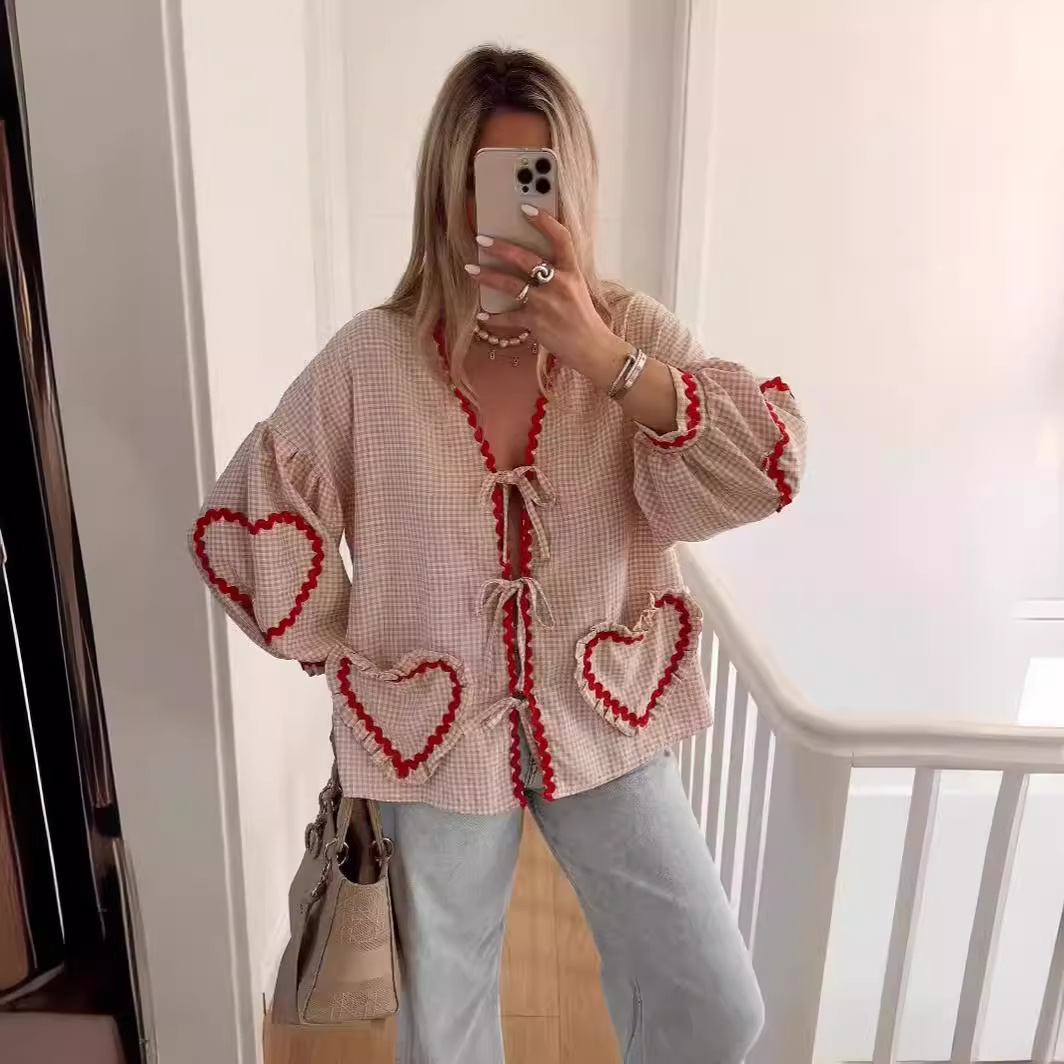 GY25071 Fashion contrast color plaid lantern sleeve top - Image 5