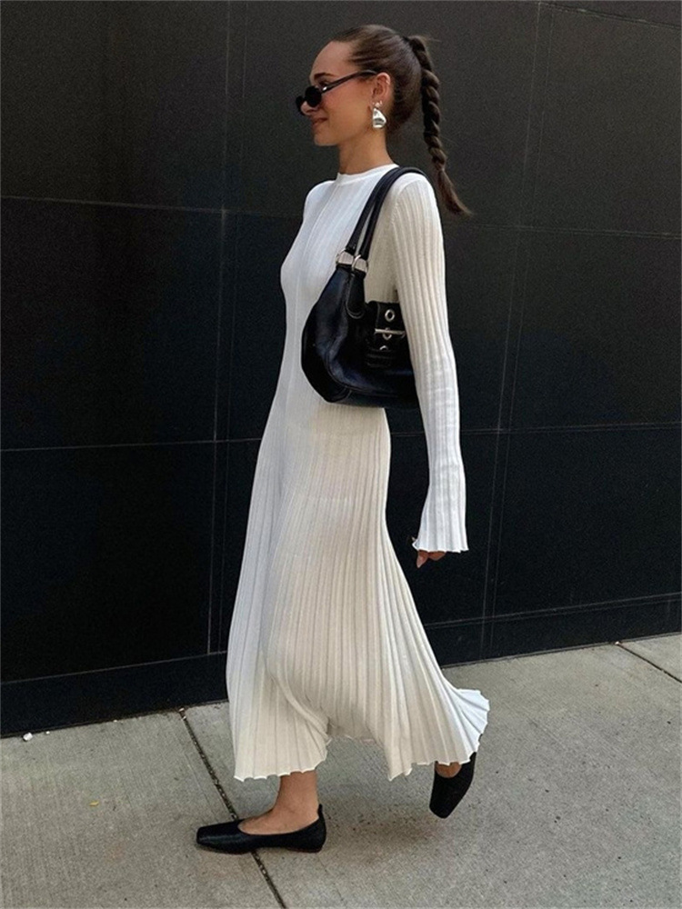 Long-sleeved round neck tight knitted long skirt 2023 new autumn sweater skirt pit solid color bottoming European and American dress - Image 5