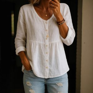 Women's Cotton-Linen V-Neck Button Shirt