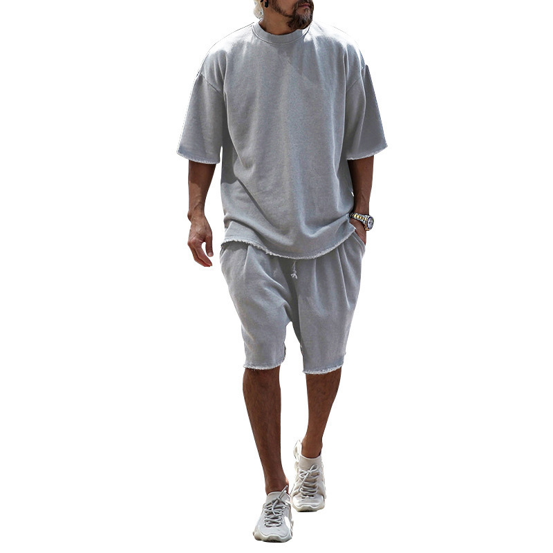 2025 Export Hot Selling Summer Solid Color Sports Suit Casual Loose Short-Sleeve Shorts European and American Trendy Fashion Men's Clothing - Image 7