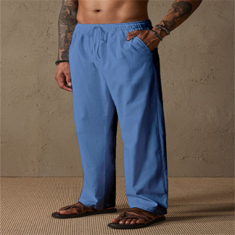 Cross-border European and American style men's linen drawstring solid color breathable outdoor loose casual straight leg cotton linen trousers - Image 8