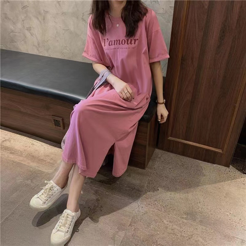 Summer plus-size cotton short-sleeved casual loose dress for women weighing up to 200 jin (100 catties), printed, versatile, over-the-knee, lazy dress.