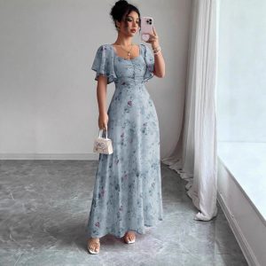 Women's Lined Printed Dress with Ruffle Sleeves