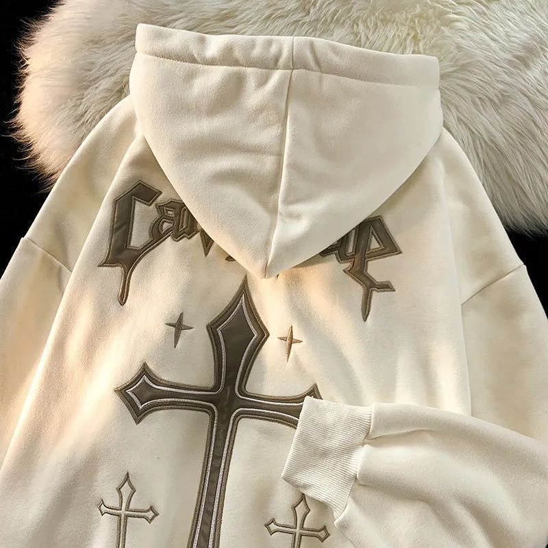 54199 American high street hiphop trendy brand cross print hooded sweatshirt for men and women loose autumn and winter