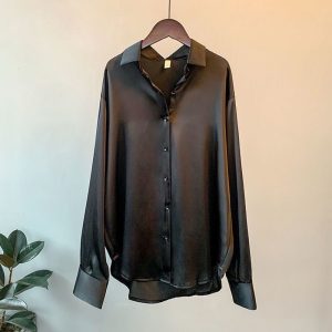2023 Spring and Autumn New Long-sleeved Satin Shirt Women's Design Sense Niche Versatile Drape Retro Hong Kong Style Shirt Top