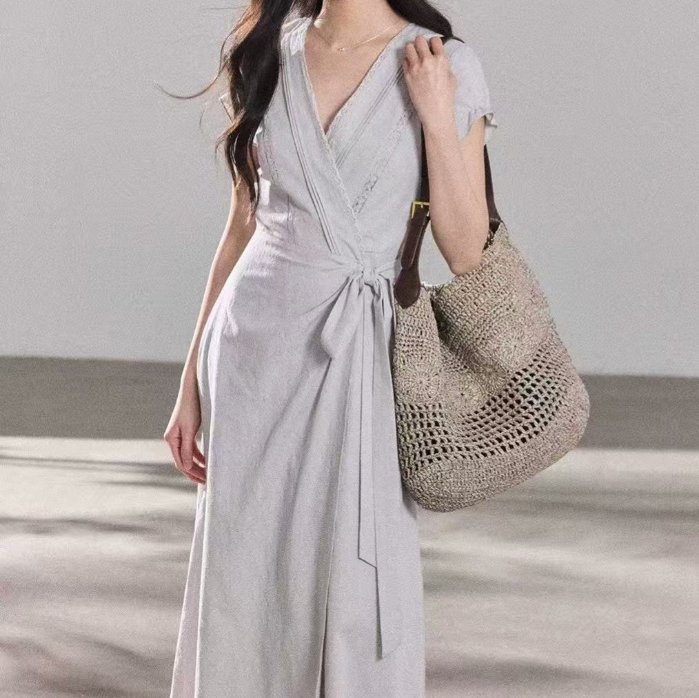 Linen-Tencel blend jacquard dress, elegant waist-cinching short-sleeved tie-waist long dress for women. - Image 4
