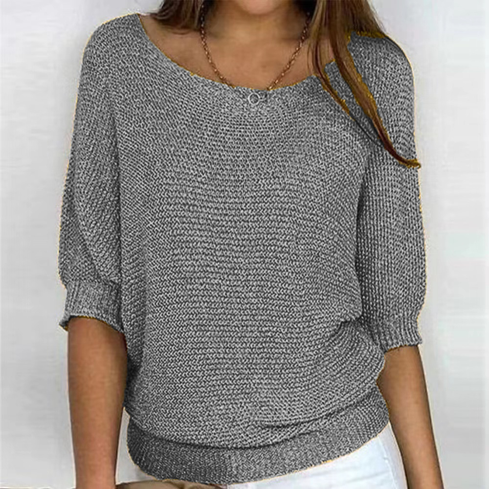 2026 New Russian AliExpress Wish Solid Color Crew Neck Knitted Top Women's Three-Quarter Sleeve Top Air Conditioning Shirt In Stock - Image 28