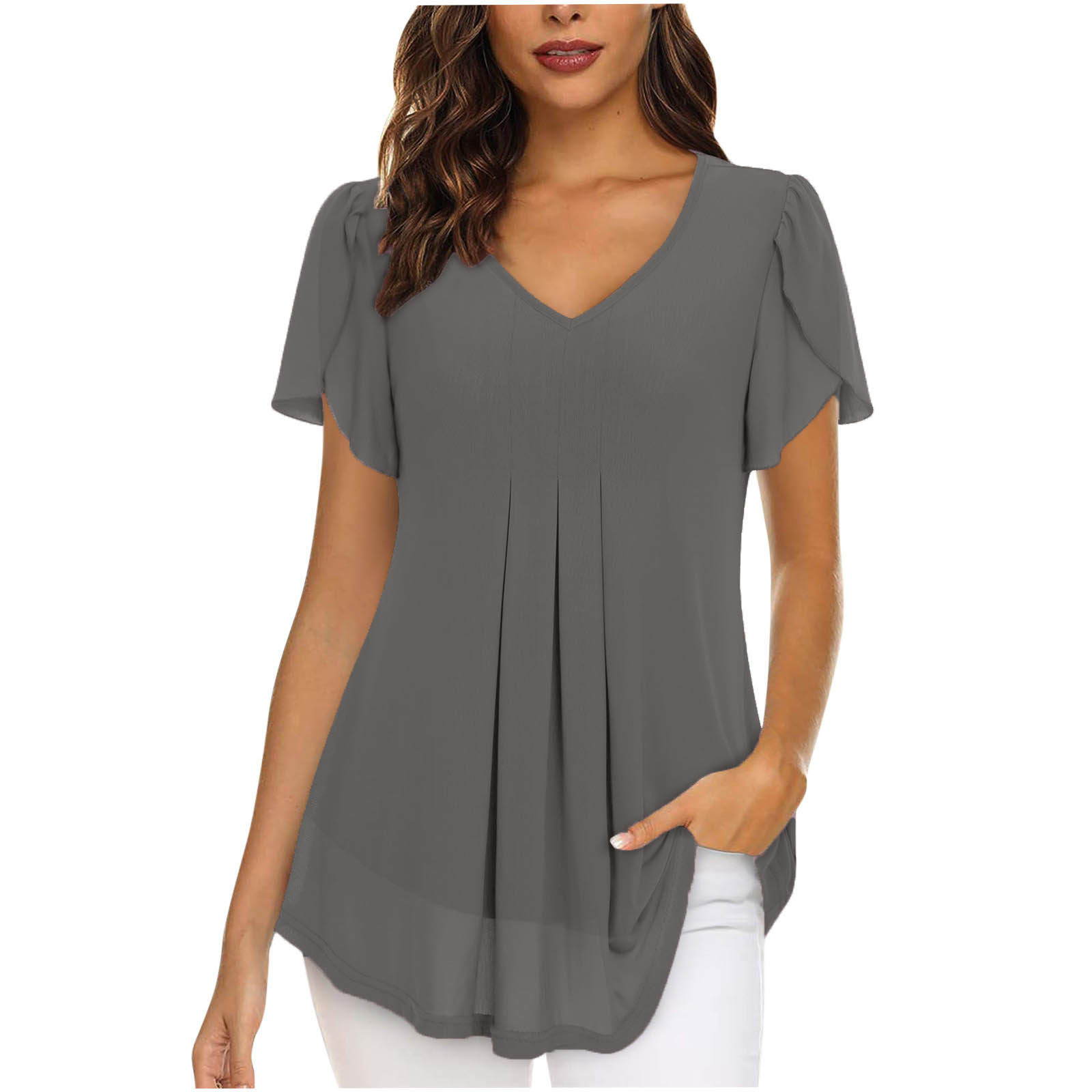 2023 European and American style women's chiffon blouse with petal-shaped short sleeves, waist-cinching top, summer casual T-shirt with pleats - Image 15