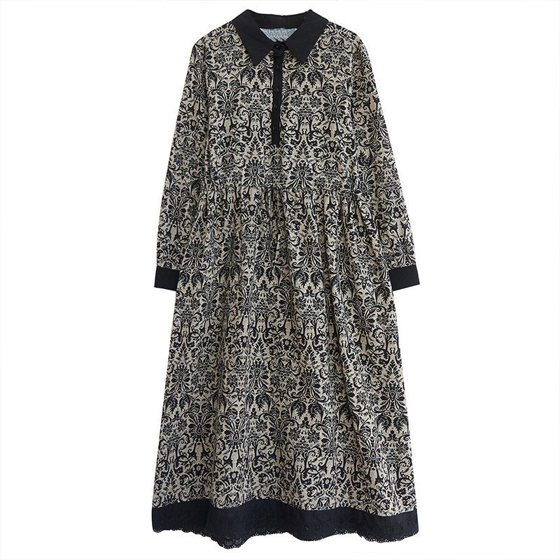 Retro-style floral print dress, 2025 autumn style, cotton and linen base layer, long skirt, loose long sleeves, shirt collar. - Image 5