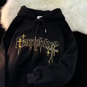 American-style European and American hooded sweater men's 2022 youth fashion men's casual plus velvet print winter pullover top