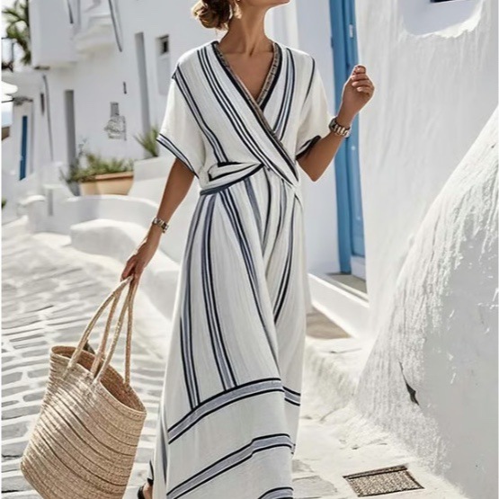 New European and American style summer vacation V-neck women's short-sleeved pleated maxi dress