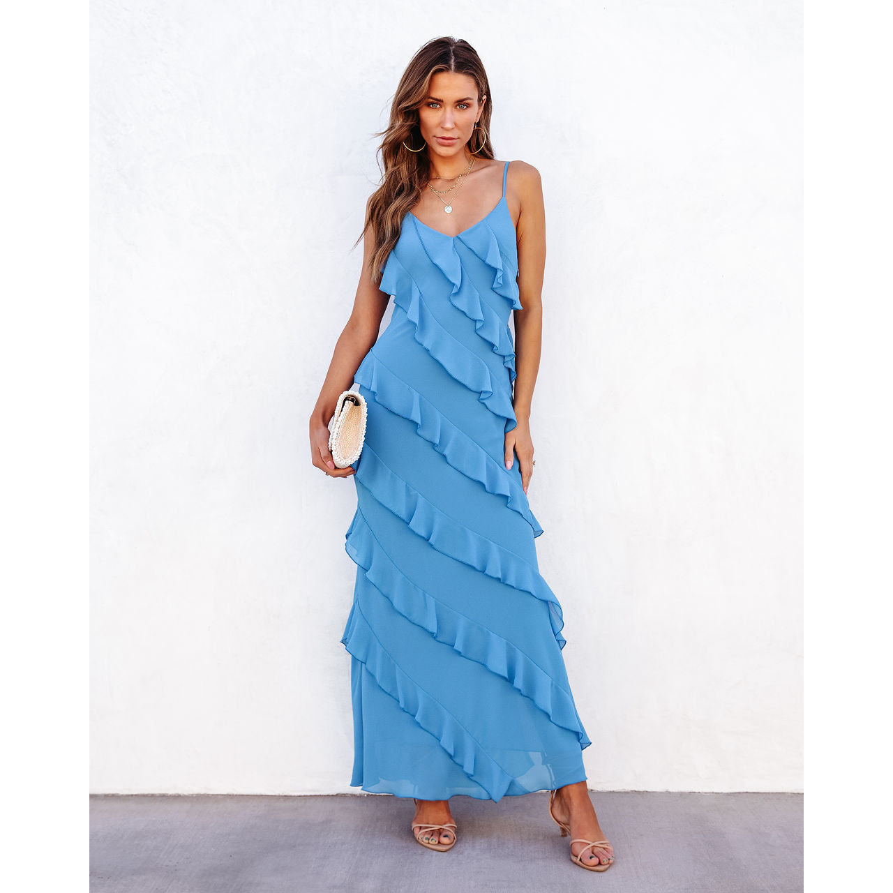European and American foreign trade women's spring and summer sexy backless sling U-neck off-shoulder wave slim side slit dress long - Image 9