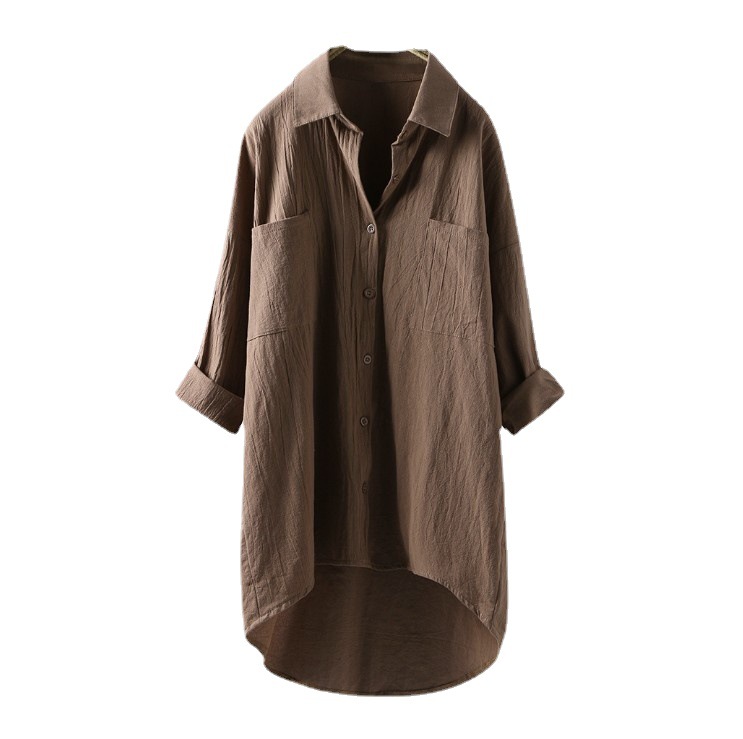 Japanese and Korean new women's casual style solid color shirt autumn cotton linen cardigan double pocket long-sleeved top - Image 7