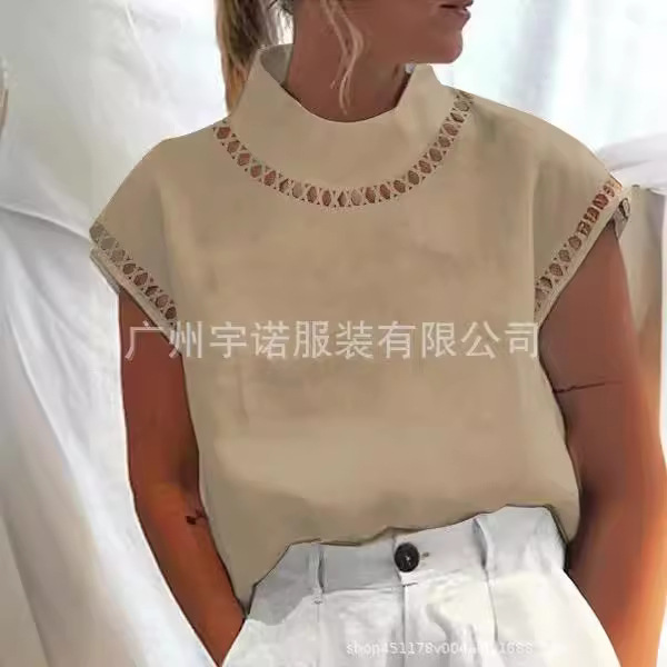 Amazon wish AliExpress 2022 new European and American women's pullover solid color lace slim stand collar shirt - Image 4