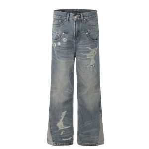 G6608 American Retro 2024 Trendy Washed Distressed High-End Design Men's Loose Flare Jeans
