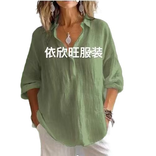 2025 Spring/Summer European and American Style Solid Color Casual Loose Long-Sleeved Linen V-Neck Shirt, Amazon Shirt for Women - Image 17